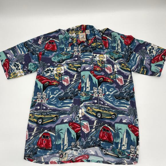 ISLAND COLLECTION Shirt Tropical Car Print Button-Up Aloha Shirt Men's Sz L - Picture 1 of 6